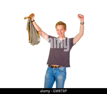 Glücklich Jüngling hob seine Hand mit einem Rucksack Stockfoto