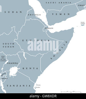 Horn von Afrika Halbinsel Ländern politische Karte mit Ländergrenzen und größten Seen. Ost-Afrika. Stockfoto