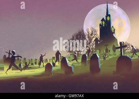 gruselige Schloss, Halloween-Konzept, Friedhof mit Zombies in der Nacht, Illustration, Malerei Stockfoto