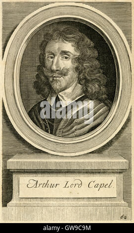 Antike c1780 Gravur, Arthur Lord Capell. Arthur Capell, 1. Baron Capell Hadham (1608-1649), Hadham Hall und Cassiobury House, Watford, beide in Hertfordshire, war ein englischer Politiker und saß im House Of Commons von 1640 bis 1641, als er in den Adelsstand als Baron Capell angehoben wurde. Er unterstützt die royalistische Sache im Bürgerkrieg und im Auftrag des Parlaments im Jahre 1649 hingerichtet wurde. QUELLE: ORIGINAL GRAVUR. Stockfoto