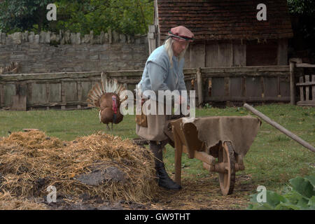 WARWICKSHIRE: WILMCOTE: SHAKESPEARES GEBURTSHAUS VERTRAUEN; MARY ARDEN TUDOR FARM; "TUDOR" KNECHT HOFDÜNGER LADEN WIRD VORBEREITET Stockfoto