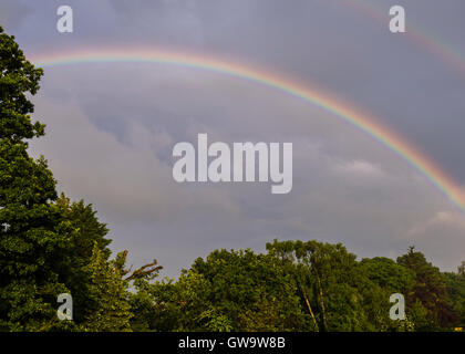 Spektakuläre doppelter Regenbogen eroberte über Eichen in Nord-London, UK. Stockfoto