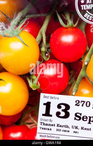 Etikette auf Päckchen rote Vittoria Cherry Strauchtomaten und gelbe Kirschtomaten, gewachsen auf Thanet Earth. Stockfoto