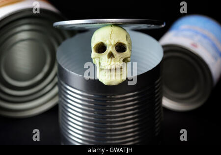 Totenschädel in Konserven Zinn beschichtet, schädigenden Bisphenol A in Konserven Dosen, Totenkopf in Beschichteter Konservendose, sch Stockfoto