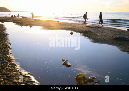 Menschen, die eine Pause am Strand und Bummeln entlang der Kante von einem Meer zum Sommer Sonnenuntergang (Foto an der Ostsee) Stockfoto