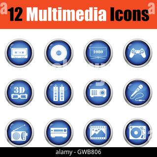Reihe von Multimedia-Icons.  Glänzende Knopf-Design. Vektor-Illustration. Stock Vektor