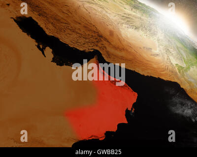 Oman in rot hervorgehoben, wie aus der Umlaufbahn der Erde im Weltraum zu sehen. 3D Illustration mit hochdetaillierten Planetenoberfläche. Elemente der th Stockfoto