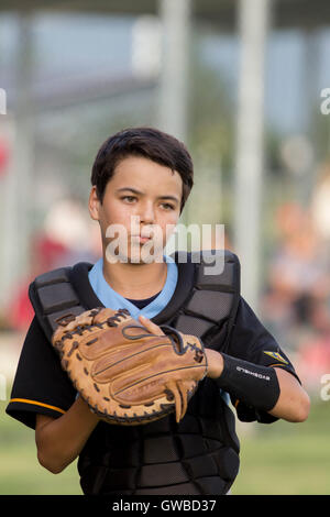 Ein Teenager Baseball-Spieler tragen Catcher Getriebe bei einem Baseball-Spiel in Cairns, Australien Stockfoto