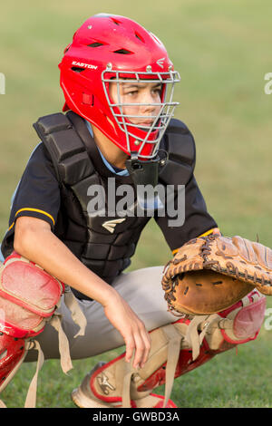 Ein Teenager Baseball-Spieler tragen Catcher Getriebe bei einem Baseball-Spiel in Cairns, Australien Stockfoto