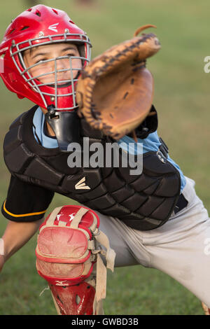 Ein Teenager Baseball-Spieler tragen Catcher Getriebe bei einem Baseball-Spiel in Cairns, Australien Stockfoto