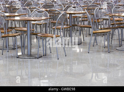 Interieur eines modernen zeitgenössischen Fast Food Café oder Restaurant mit Stühlen, Tischen und Boden der Stein die Reflexionen. Stockfoto