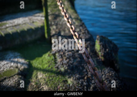 Die alte Kette am Bosham Quay Hafen liegt direkt am Meer. Stockfoto