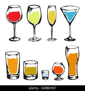 Handgezeichnete Alkohol Getränke Sammlung für Design. Satz von Alkohol Gläser. Bunte Skizze von Alkohol. Illustration für Bar. Stock Vektor