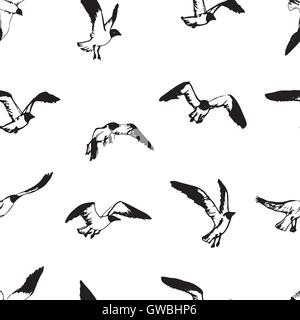Möwe Musterdesign. Handgezeichnete fliegende Vögel Hintergrund. Skizzieren Sie Seevögel. Stock Vektor