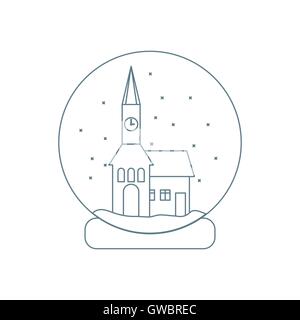 Vektor-Illustration des Rathauses mit Uhr und das Haus in Glaskugel mit Schnee. Gestaltungselement für Postkarte, Einladung, Stock Vektor