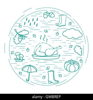 Herbst Symbole im Kreis. Regenschirm, Eicheln, Türkei, Regen, Kürbis und andere fallen Symbole für Ankündigung, Werbung, flyer Stock Vektor