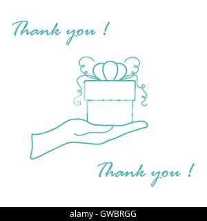 Niedliche Bild mit Hand, ein Geschenk und eine Inschrift: Ich danke Ihnen auf einem weißen Hintergrund. In Linienstil gemacht. Stock Vektor