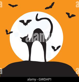 Vektor-Illustration von einer Katze und Fledermäuse Silhouetten in den Mond-Hintergrund Stock Vektor