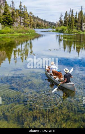 Paar mit Hunden im Kanu an den Twin Lakes in Mammoth Lakes Becken Stockfoto