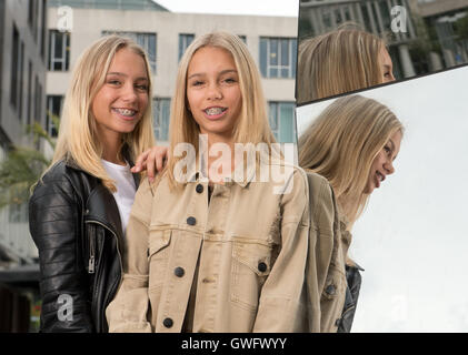 Stuttgart, Deutschland. 12. Sep, 2016. Lokalen Zwillinge Lisa und Lena posieren in Stuttgart, Deutschland, 12. September 2016. Die beiden Frauen haben über 1 Million Abonnenten auf Instagram und gehören zu den Stars der Szene. Foto: Dpa/Bernd Weissbrod/Alamy Live News Stockfoto