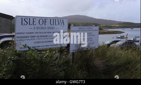 Hinweisschild am Insel Ulva Fähre Isle of Mull Schottland September 2016 Stockfoto