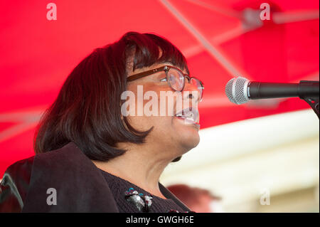 Der Labour-Abgeordnete Diane Abbott spricht sich bei der Kundgebung des Convoy to Calais in.London aus. Ein Konvoi, der wichtige Hilfe in ein Flüchtlingslager in der Nähe von Calais in Frankreich bringt. Stockfoto