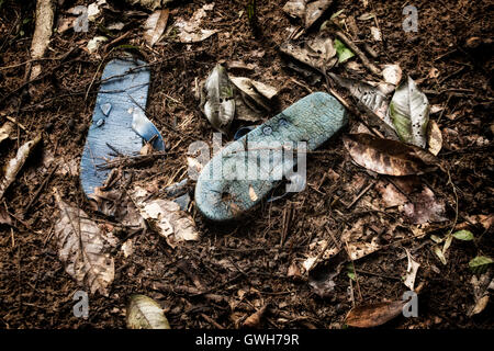 Paar von verwitterten blauen Flip-Flops liegen im Wald Stockfoto