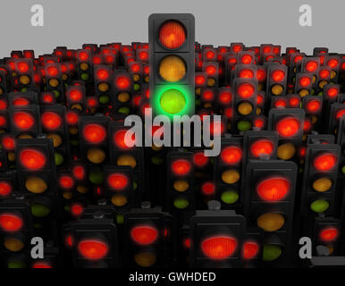 grüne Ampel unter den vielen roten. 3D-Rendering Stockfoto