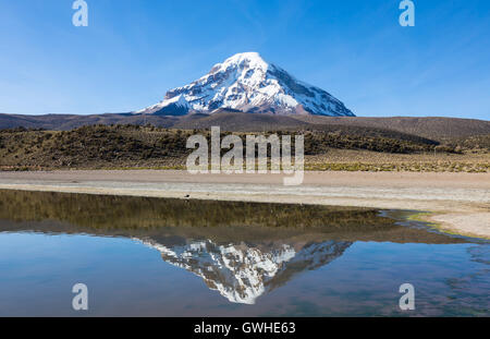 Sajama Vulkan und See Huayñacota, in der natürliche Park Sajama. Bolivien Stockfoto