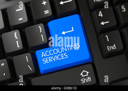 Blaue Accounting Services Taste auf Tastatur. 3D Render. Stockfoto