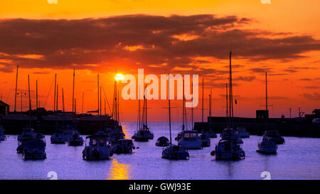 Sonnenuntergang am Hafen Aberaeron, Ceredigion, Wales, UK. Stockfoto