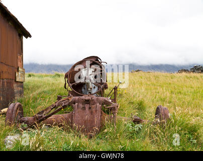 Zerstörten alten Traktor allmählich Rost entfernt und verwilderten in einem Feld Stockfoto