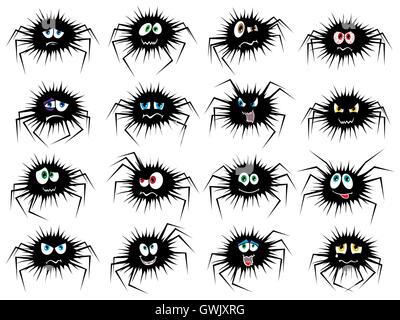 Halloween-Reihe von sechzehn wütend, lustig und andere Charakter Spinnen mit großen Augen auf dem weißen Hintergrund isoliert Stock Vektor