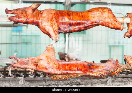 Gebratenes Schweinefleisch Kadaver auf dem Grill gebacken. Stockfoto