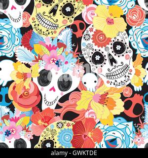 Nahtlose grafisches Muster lustige Schädel mit Blumen auf dunklem Hintergrund Stock Vektor