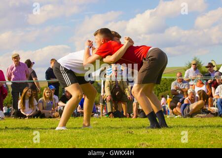 Junge Männer Cumberland Wrestling. Bellingham zeigen und Country-Festival, Bellingham, Northumberland, England, Vereinigtes Königreich. Stockfoto