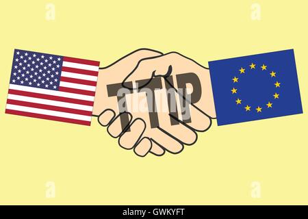 Ttip Handshake mit USA und EU-Flagge, den transatlantischen Handel und die transatlantischen Investitionen Partnerschaftsabkommen, Business handshake Abbildung Stock Vektor