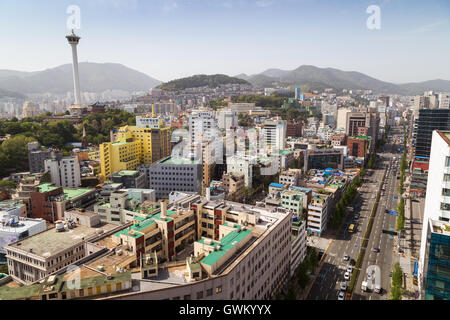 Von oben betrachtet Stadt Busan bei Tageslicht in Südkorea. Stockfoto
