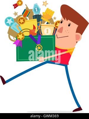 junger Mann tragen eine Kiste voller Trophäe Stock Vektor