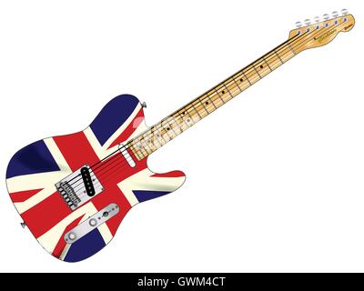 Eine klassische e-Gitarre mit der Union Jack-Flagge über weiß Stock Vektor