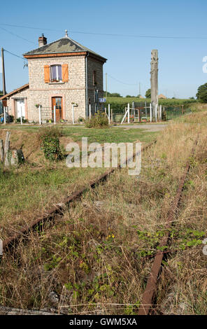 Tempo in der Nähe von Alencon Frankreich - track stillgelegten Eisenbahn mit Schienen rosten und mit Rasen und Unkraut überwuchert Stockfoto