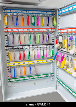 Wand-Metall-Box mit Hotel Zimmerschlüssel mit Farbmarkierungen Stockfoto