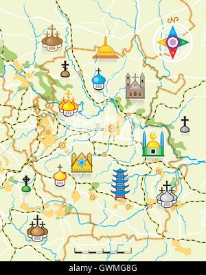Geodätische Karte des Landes mit religiösen Sehenswürdigkeiten. Hintergrund-Vektor-Illustration mit religiöser Verehrung Gebäude Piktogramme Stock Vektor