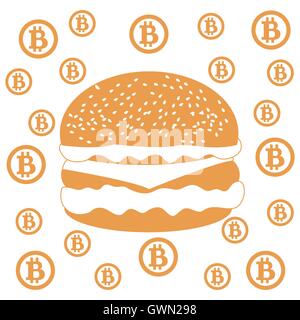 Bild über Transaktionen in Bitcoin: Bitcoins und Hamburger auf weißem Hintergrund Stock Vektor