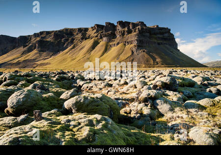 Dramatische isländische Landschaft & Moos bedeckt Lavafeld, in der Nähe von Kirkjubaejarklaustur Süden Islands Stockfoto