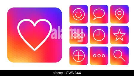 Satz von einfachen Ui Icons für social-Media-app oder Netzwerk mit wie Button, Kommentar und mehr auf bunten Farbverlauf Hintergrund. Stock Vektor