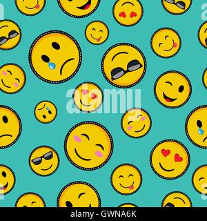 Nahtlose Muster mit leuchtenden Farben Emoji Icons Smiley Gesicht trendige SMS Symbole im Pop-Art-Stil. EPS10 Vektor. Stock Vektor