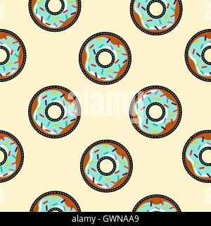 Nahtlose Muster mit Cartoon Donut Patch Designs, Fast-Food Dessert Illustration Hintergrund. EPS10 Vektor. Stock Vektor