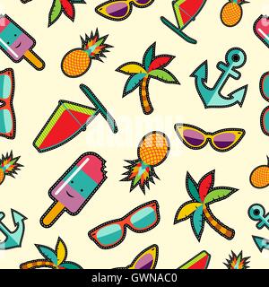 Sommer Hintergrund mit bunten Strand Elementen im Pop-Art-Cartoon-Stil. EPS10 Vektor. Stock Vektor