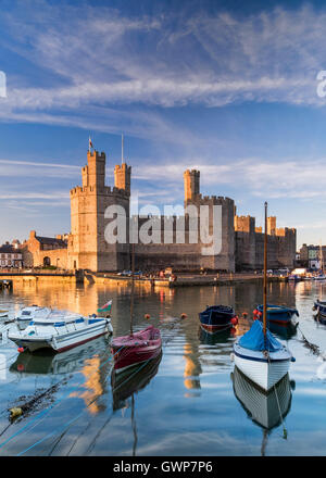 Abendlicht am Caernarfon Castle, Caernarfon, Gwynedd, Nordwales Stockfoto